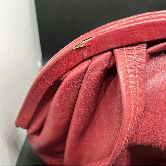 Vintage red leather ball clasp close purse canvas lined attach coin bag straps - Picture 4 of 16